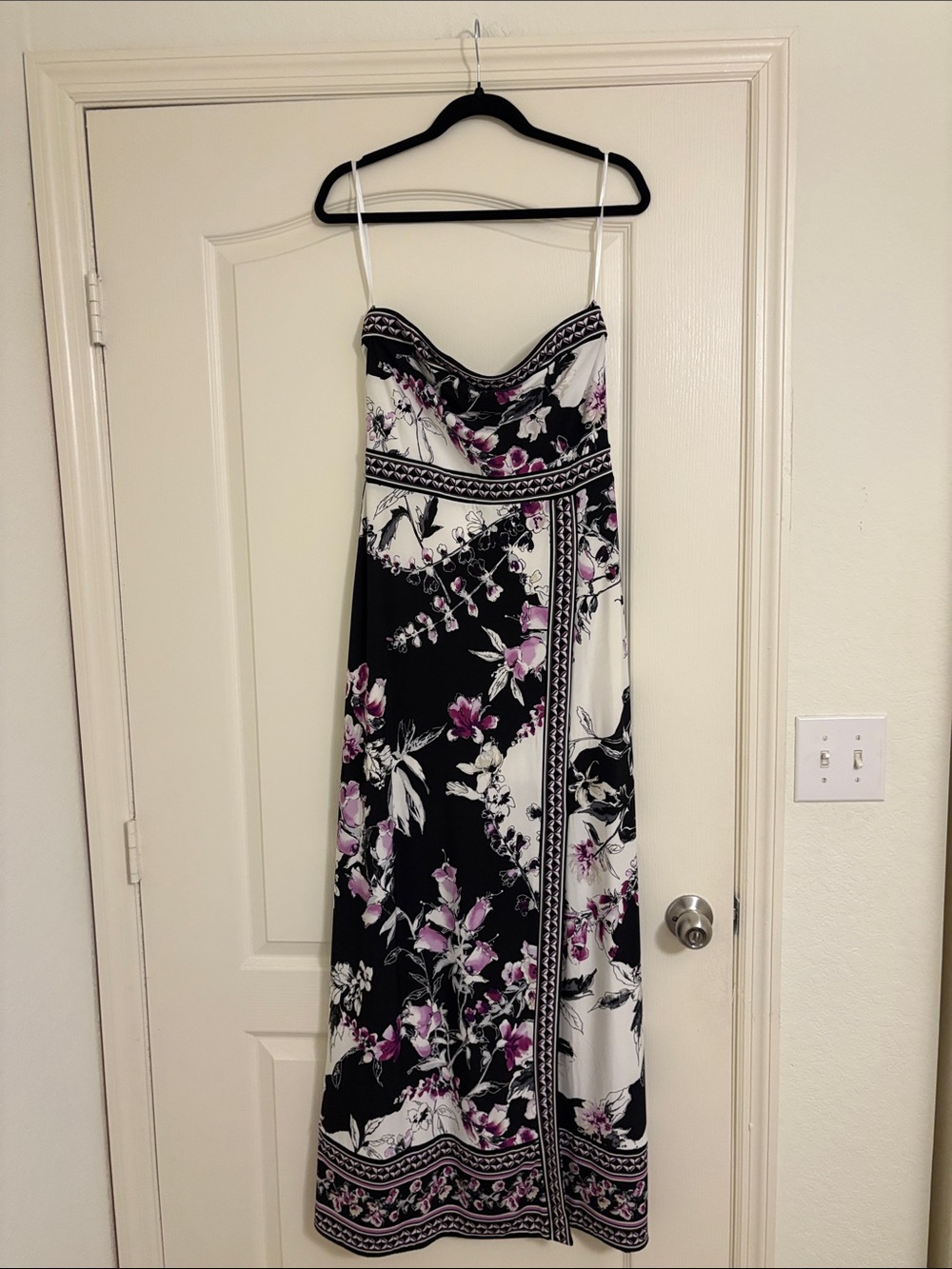 White House Black Market Black, White & Lavender Floral Strapless Maxi